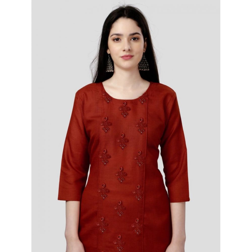 Generic Women's Casual 3-4 th Sleeve Embroidery Cotton Kurti (Rust)