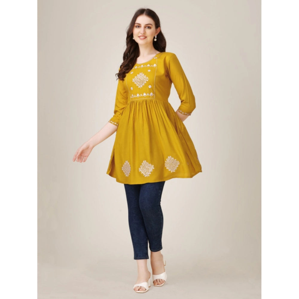 Women's Casual 3-4 th Sleeve Embroidered Rayon Tunic Top (Mustard)