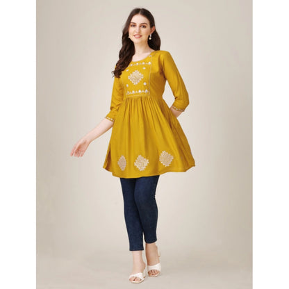 Women's Casual 3-4 th Sleeve Embroidered Rayon Tunic Top (Mustard)