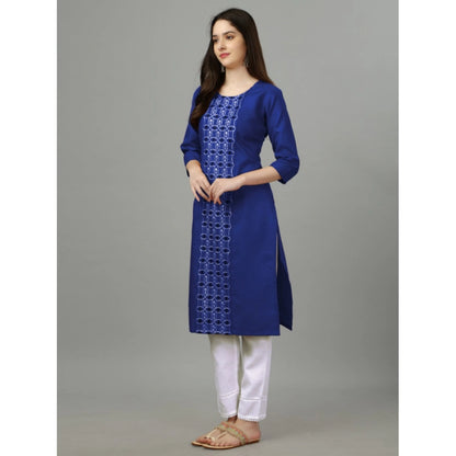 Women's Casual 3-4 th Sleeve Embroidery Cotton Kurti (Blue)