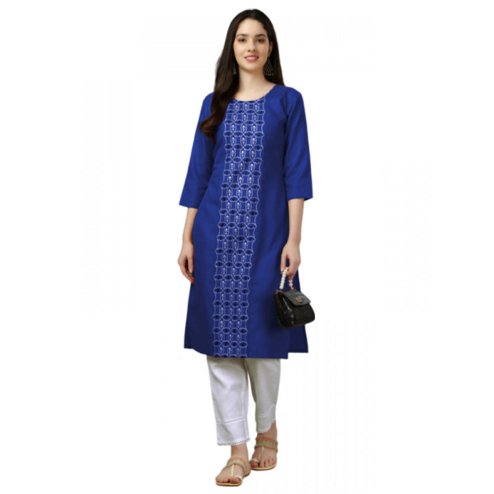 Women's Casual 3-4 th Sleeve Embroidery Cotton Kurti (Blue)