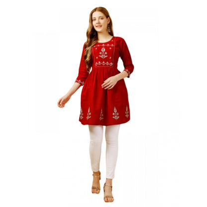 Women's Casual 3-4 th Sleeve Embroidered Rayon Tunic Top (Red)