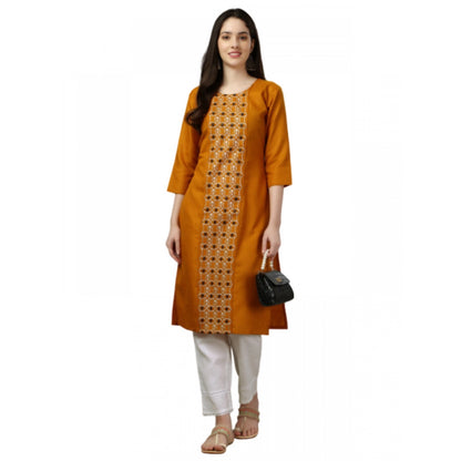 Generic Women's Casual 3-4 th Sleeve Embroidery Cotton Kurti (Mustard)