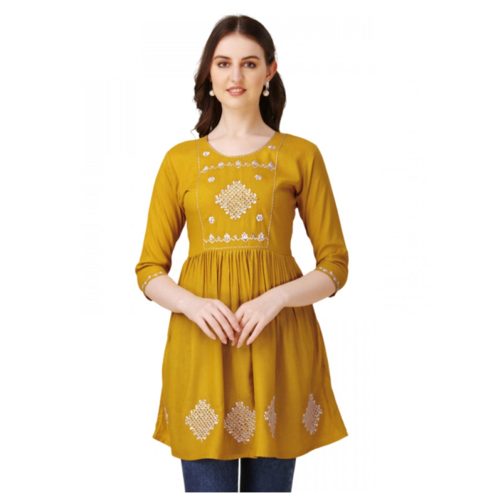 Women's Casual 3-4 th Sleeve Embroidered Rayon Tunic Top (Mustard)