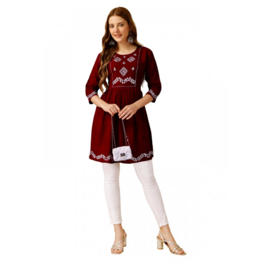 Generic Women's Casual 3-4 th Sleeve Embroidered Rayon Tunic Top (Maroon)