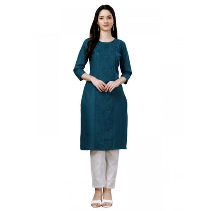 Women's Casual 3-4 th Sleeve Embroidery Cotton Kurti (Blue )