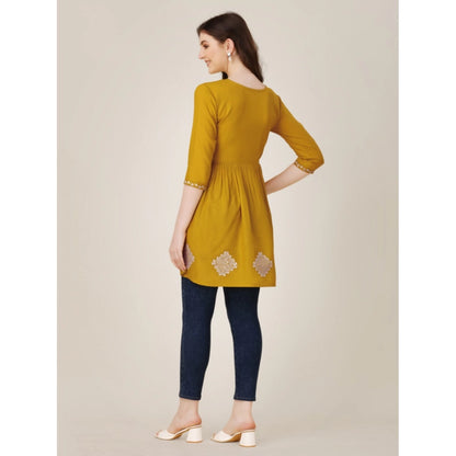 Women's Casual 3-4 th Sleeve Embroidered Rayon Tunic Top (Mustard)