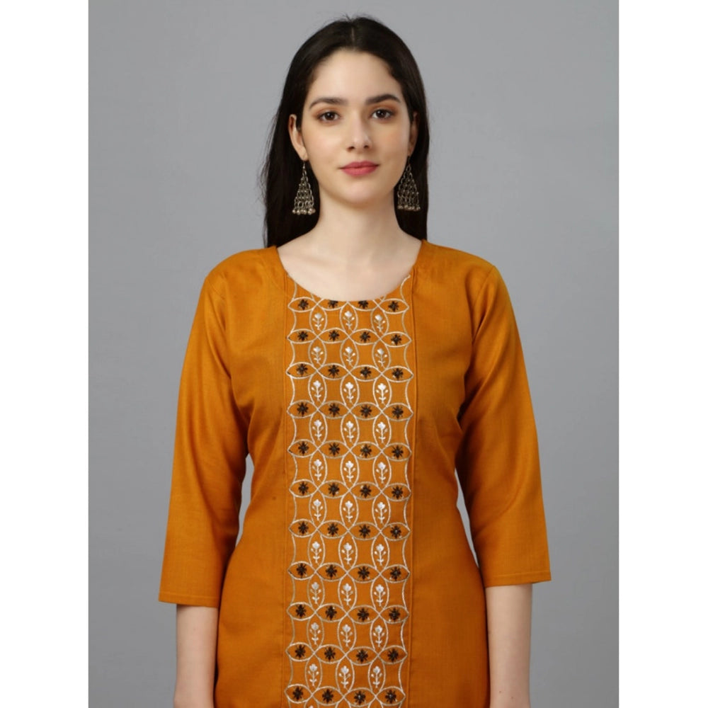 Generic Women's Casual 3-4 th Sleeve Embroidery Cotton Kurti (Mustard)