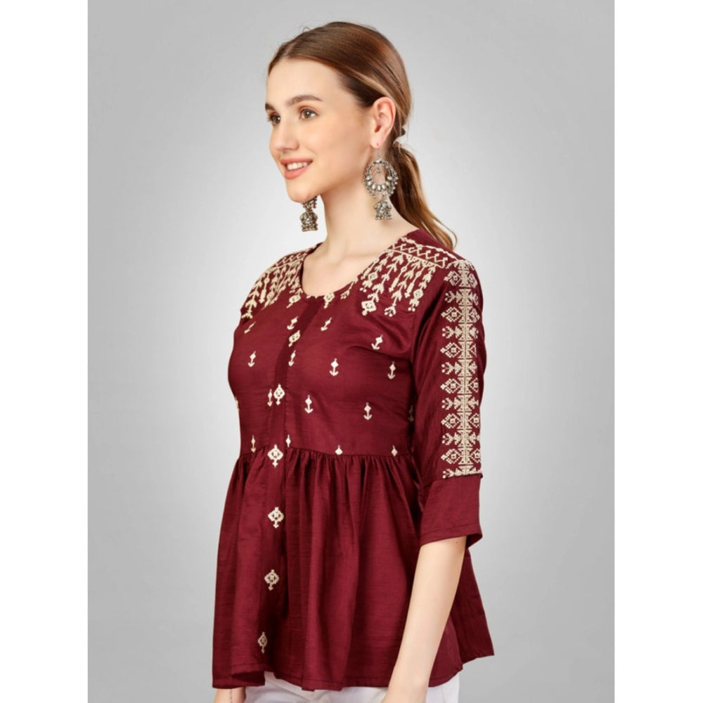 Women's Casual 3-4 th Sleeve Embroidered Silk Tunic Top (Rust)