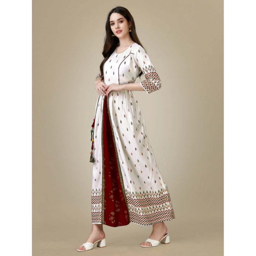 Women's Casual 3-4 th Sleeve Printed Rayon Gown (White)