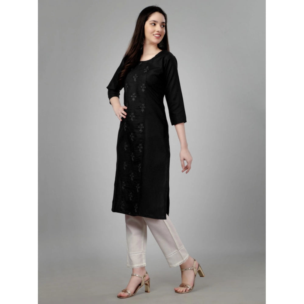 Generic Women's Casual 3-4 th Sleeve Embroidery Cotton Kurti (Black)