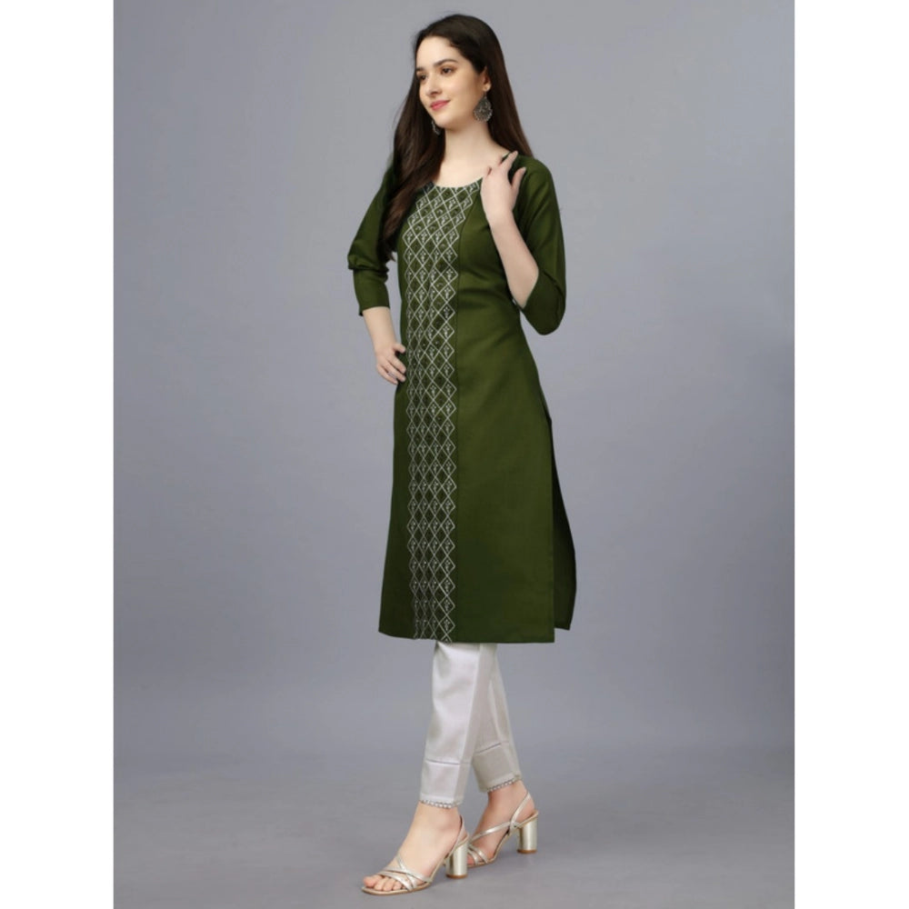 Women's Casual 3-4 th Sleeve Embroidery Cotton Kurti (Dark Green)