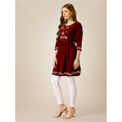 Women's Casual 3-4 th Sleeve Embroidered Rayon Tunic Top (Maroon)