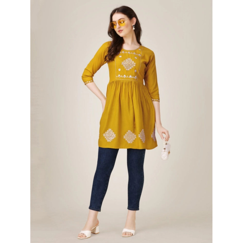 Women's Casual 3-4 th Sleeve Embroidered Rayon Tunic Top (Mustard)