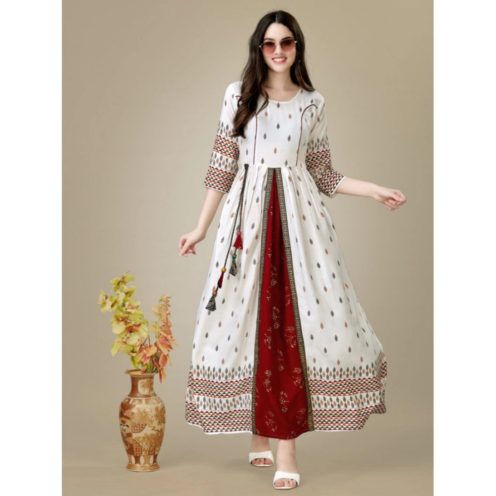 Women's Casual 3-4 th Sleeve Printed Rayon Gown (White)