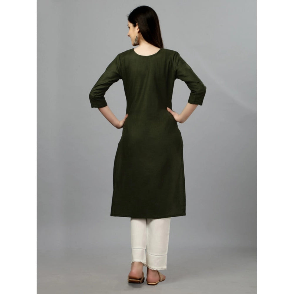 Generic Women's Casual 3-4 th Sleeve Embroidery Cotton Kurti (Dark Green)