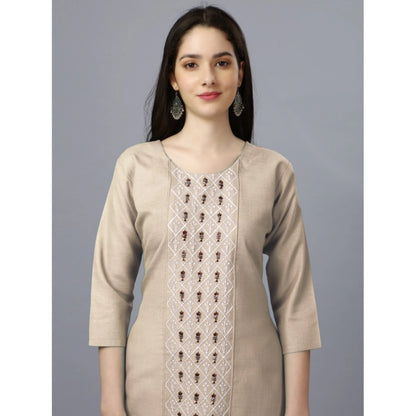 Generic Women's Casual 3-4 th Sleeve Embroidery Cotton Kurti (Beige)