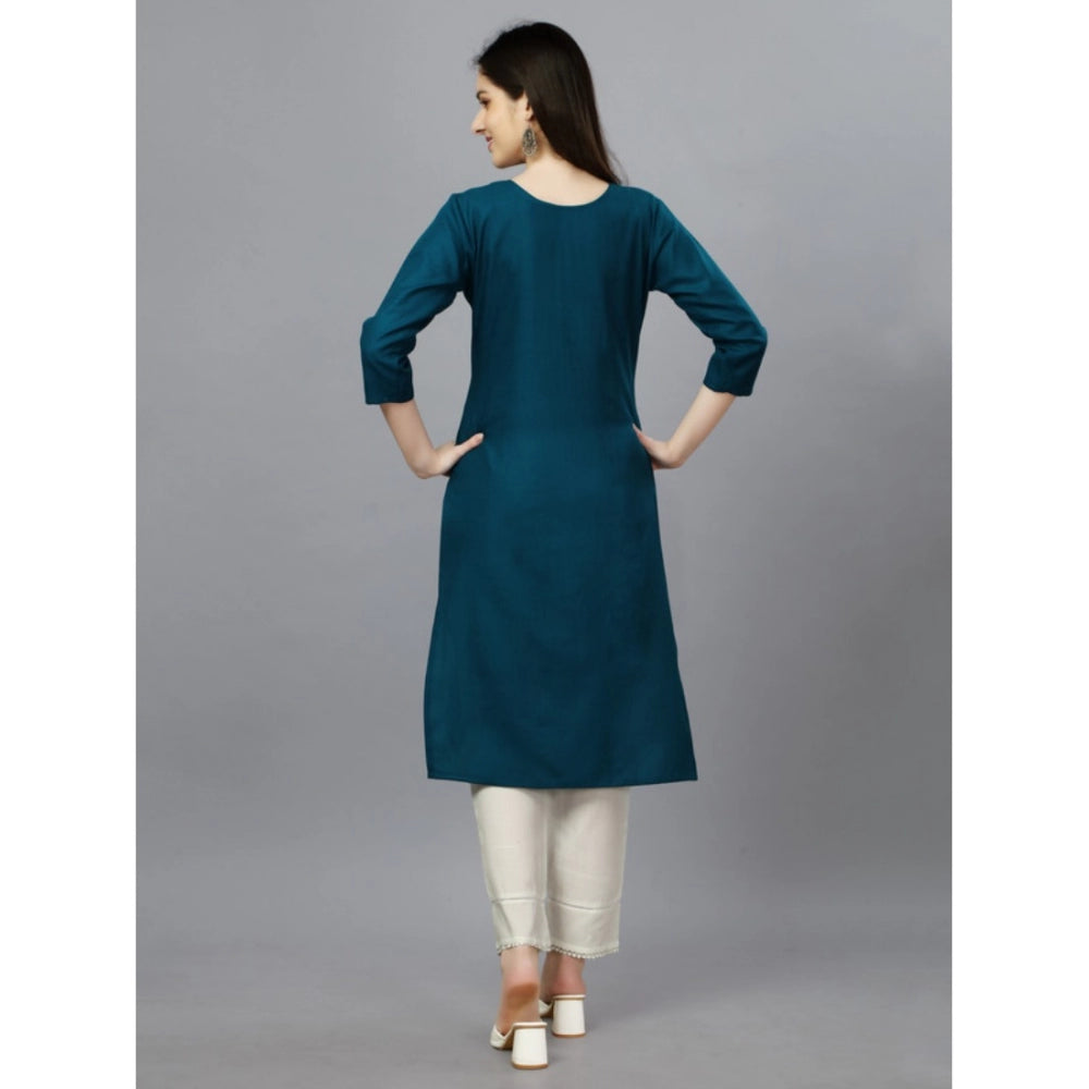 Women's Casual 3-4 th Sleeve Embroidery Cotton Kurti (Blue )