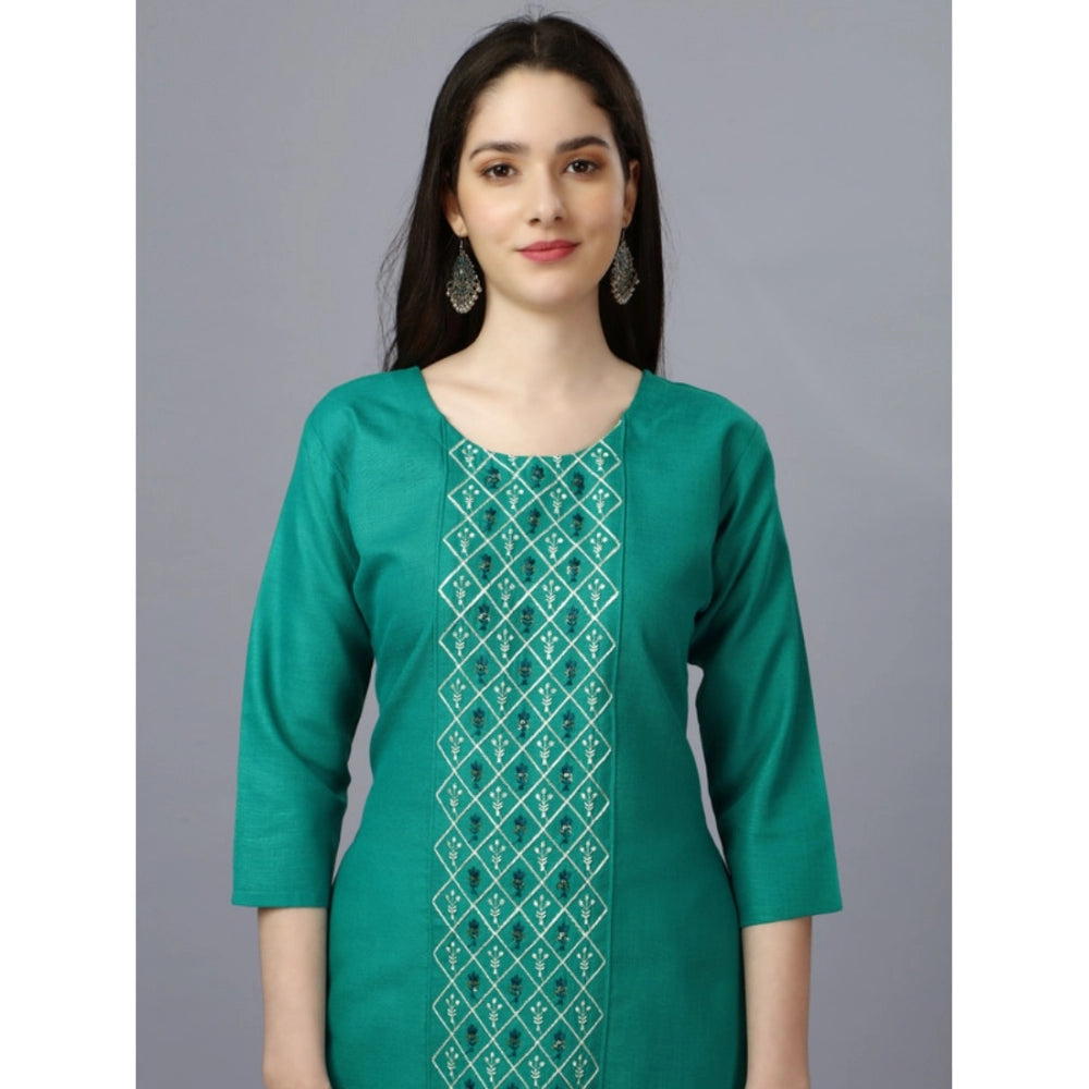 Generic Women's Casual 3-4 th Sleeve Embroidery Cotton Kurti (Light Green)