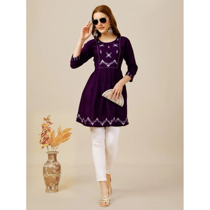 Women's Casual 3-4 th Sleeve Embroidered Rayon Tunic Top (Purple)