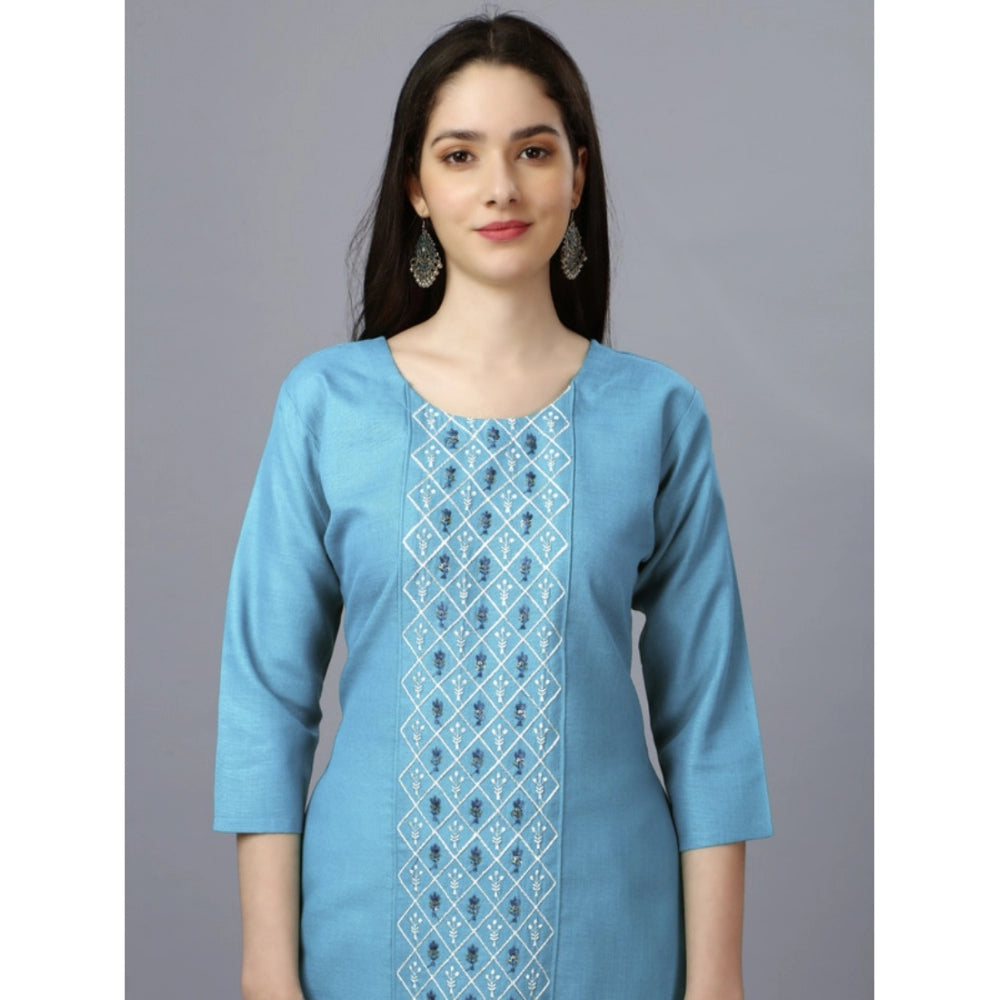 Generic Women's Casual 3-4 th Sleeve Embroidery Cotton Kurti (Light Blue)