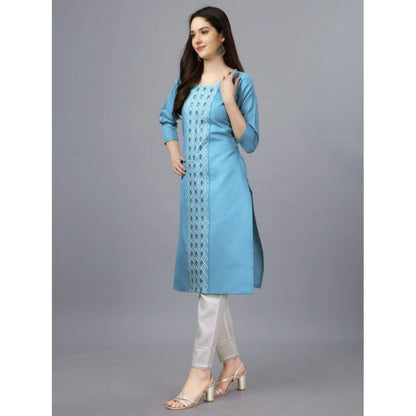 Generic Women's Casual 3-4 th Sleeve Embroidery Cotton Kurti (Light Blue)