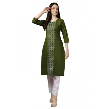 Women's Casual 3-4 th Sleeve Embroidery Cotton Kurti (Dark Green)