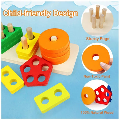 Wooden  Sorting And Stacking Toys 5 Column Geometric Shape Puzzle Activity For Kids (Wood Color)