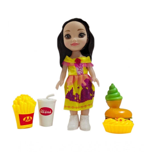 Plastic Doll Set With Fast Food Accessories (Yellow)