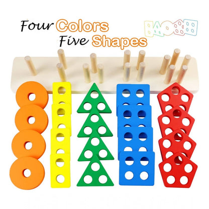 Wooden  Sorting And Stacking Toys 5 Column Geometric Shape Puzzle Activity For Kids (Wood Color)