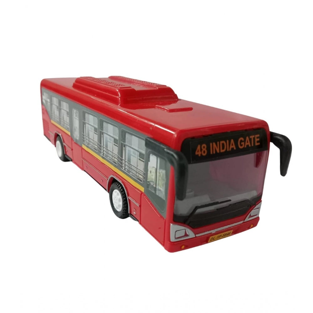 Plastic 6 Wheels Pull Back Action Low Floor Bus (Red)