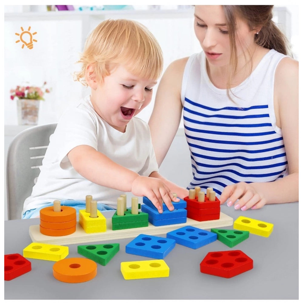 Wooden  Sorting And Stacking Toys 5 Column Geometric Shape Puzzle Activity For Kids (Wood Color)