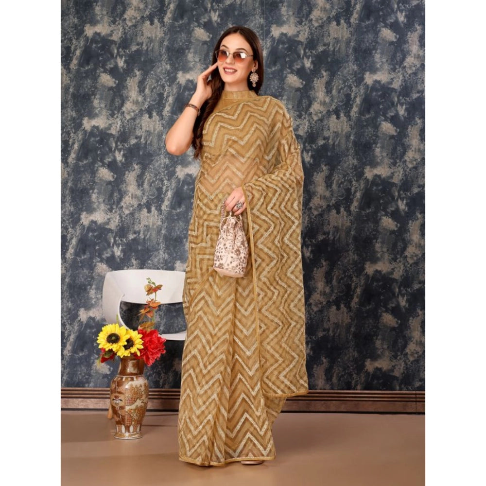 Women's Linen Zig Zag Saree With Unstitched Blouse (Beige, 5-6 Mtrs)