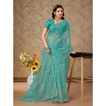 Women's Linen Zig Zag Saree With Unstitched Blouse (Turquies Green, 5-6 Mtrs)