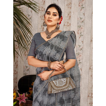 Women's Linen Floral Printed Saree With Unstitched Blouse (Grey, 5-6 Mtrs)