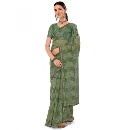 Women's Linen Floral Printed Saree With Unstitched Blouse (Green, 5-6 Mtrs)