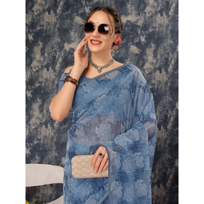 Women's Linen Floral Printed Saree With Unstitched Blouse (Blue, 5-6 Mtrs)