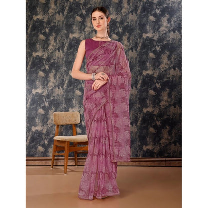 Women's Linen Floral Printed Saree With Unstitched Blouse (Purple, 5-6 Mtrs)