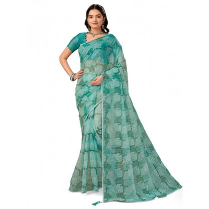 Women's Linen Floral Printed Saree With Unstitched Blouse (Turquies Green, 5-6 Mtrs)