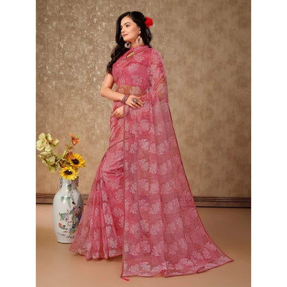 Women's Linen Floral Printed Saree With Unstitched Blouse (Pink, 5-6 Mtrs)