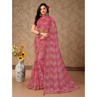 Women's Linen Floral Printed Saree With Unstitched Blouse (Pink, 5-6 Mtrs)