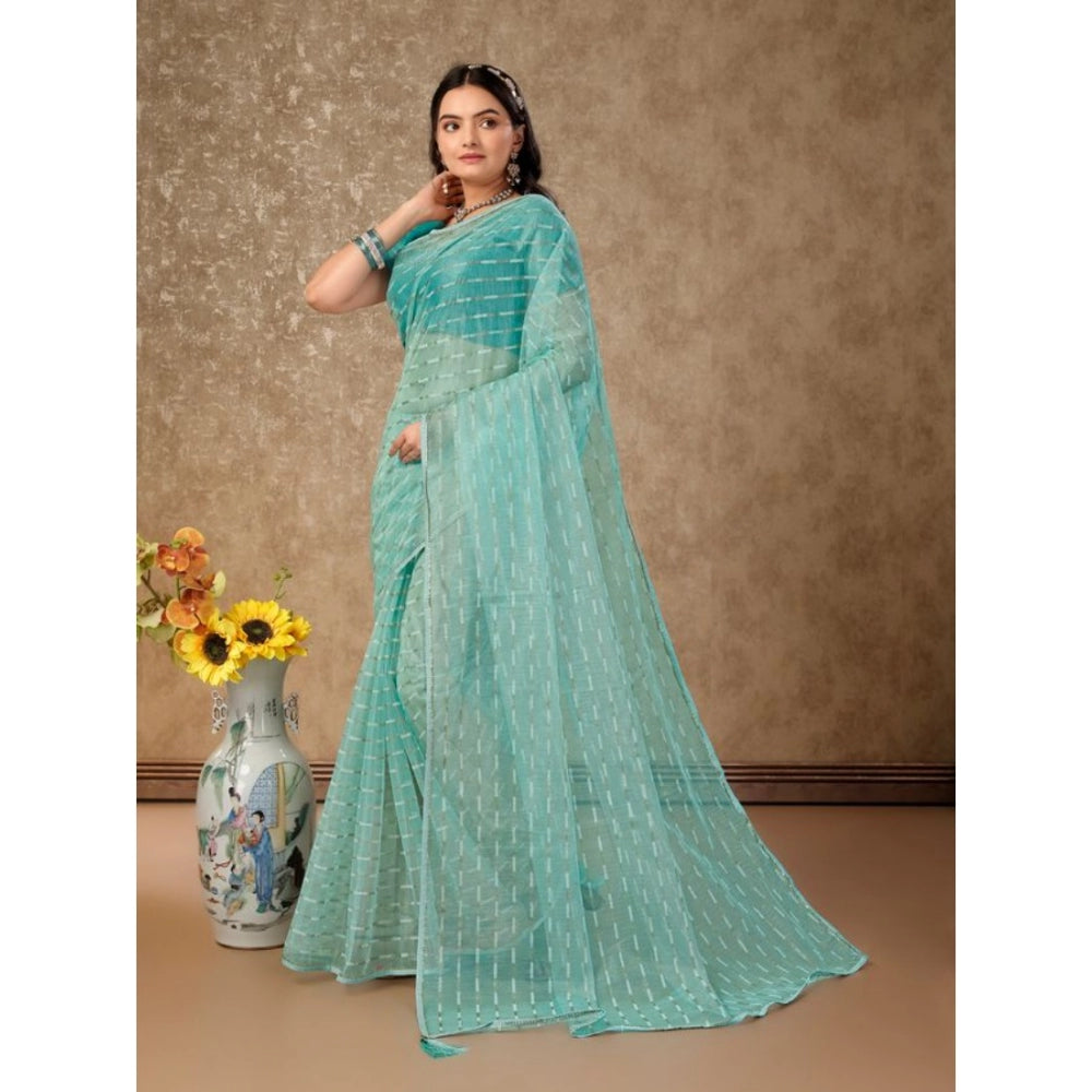 Women's Linen Line Saree With Unstitched Blouse (Turquies Green, 5-6 Mtrs)