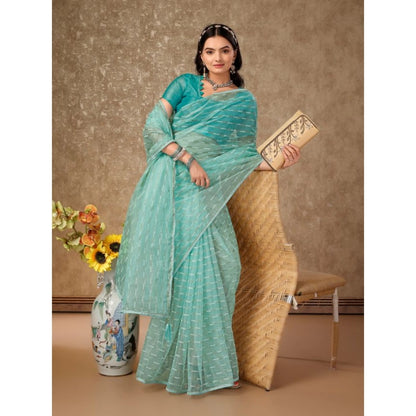 Women's Linen Line Saree With Unstitched Blouse (Turquies Green, 5-6 Mtrs)