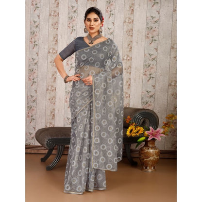 Women's Linen Gola Printed Saree With Unstitched Blouse (Grey, 5-6 Mtrs)