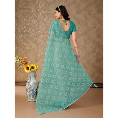 Women's Linen Gola Printed Saree With Unstitched Blouse (Turquies Green, 5-6 Mtrs)