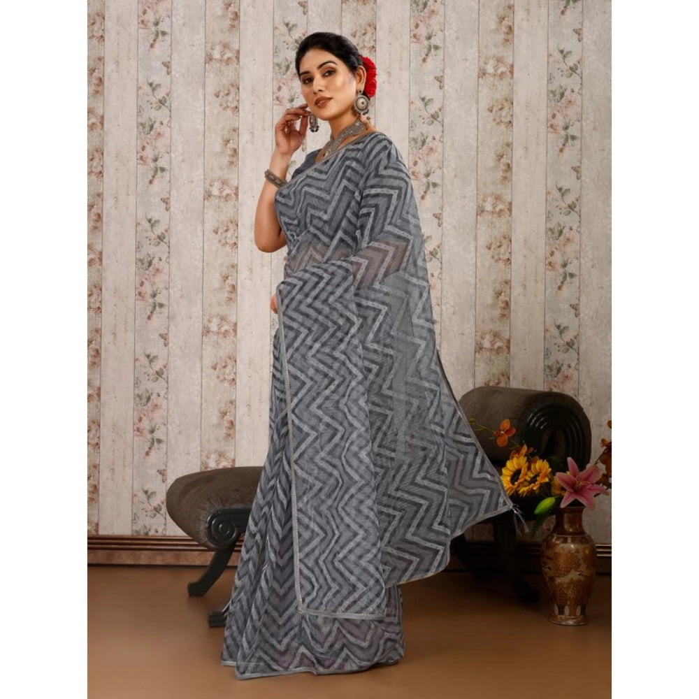 Women's Linen Zig Zag Saree With Unstitched Blouse (Grey, 5-6 Mtrs)