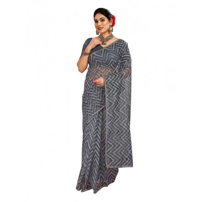 Women's Linen Zig Zag Saree With Unstitched Blouse (Grey, 5-6 Mtrs)