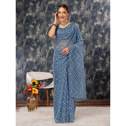 Women's Linen Zig Zag Saree With Unstitched Blouse (Blue, 5-6 Mtrs)