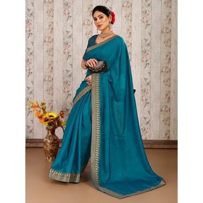 Women's Vichitra Plain Saree With Unstitched Blouse (Blue, 5-6 Mtrs)