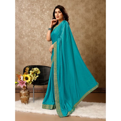 Women's Vichitra Plain Saree With Unstitched Blouse (Teal Blue, 5-6 Mtrs)